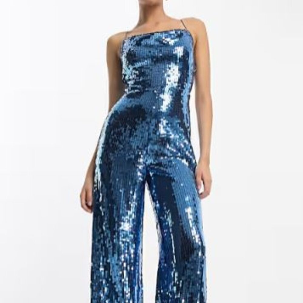 ASOS DESIGN cowl neck jumpsuit in blue sequin